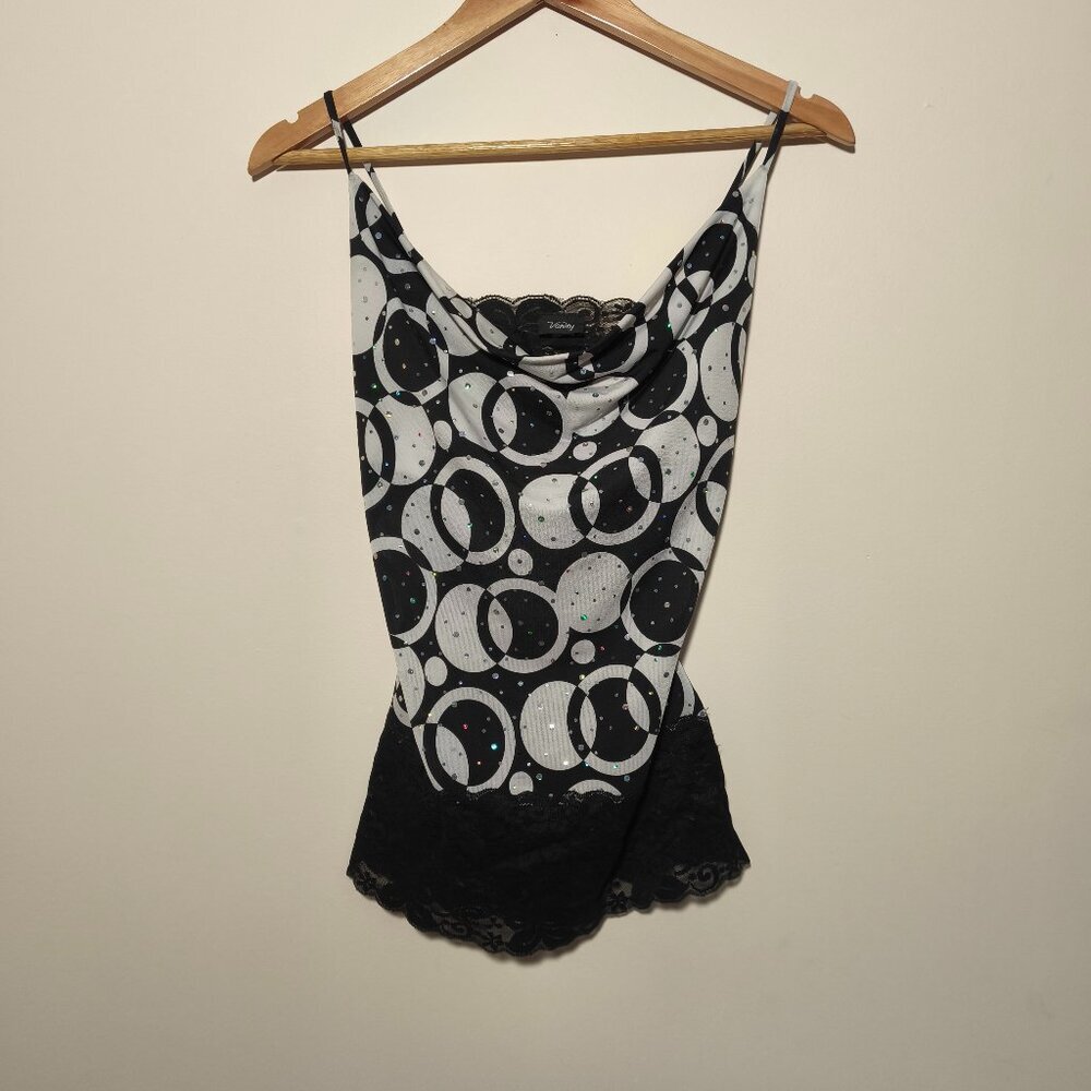 y2k Vanity Polka Dot Lace Cowl Neck Tunic Tank Blouse sz S White Black Sequin